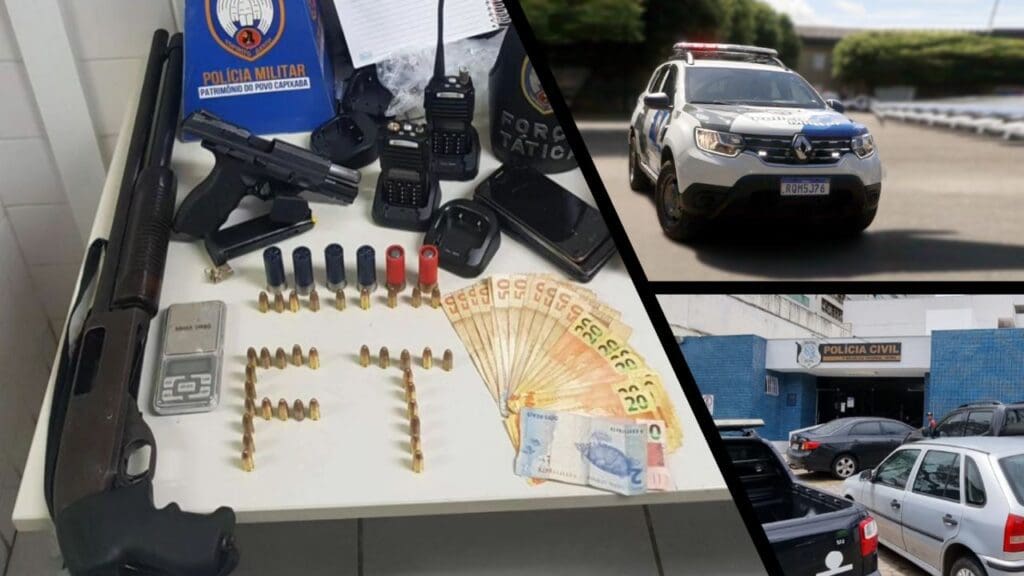 Arte com três imagens, na primeira imagem sobre uma mesa da Polícia Civil uma espingarda calibre 12, uma pistola 9mm, 13 celulares, 2 radios comunicadores, R$ 832 em espécie, 7 munições de espingarda, 5 bases carregadoras de rádio comunicadores, uma balança de precisão, 36 munições calibre 9mm, e uma bucha de maconha, na segunda imagem uma viatura da PM estacionada e na terceira imagem a entrada da sede da 3ª Delegacia Regional situada na Serra.