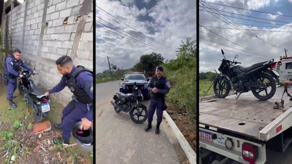 Arte com três imagens, na primeira imagem dois agentes da GCM, arrastando uma motocicleta que estava em um terreno abandonada, na segunda imagem um agente da Guarda da Serra em frente a uma viatura da Guarda da Serra, e ao lado de uma motocicleta recuperada, e na terceira imagem uma motocicleta em cima de um guincho prestes a ser levada ao patio da Policia Civil.