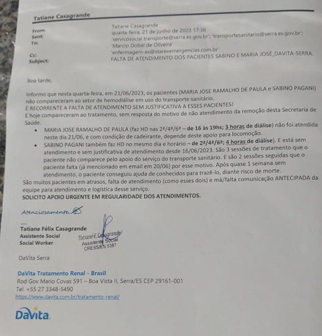 Documento médico atestando a falta de Dona Maria de Paulo à sessão de hemodiálise por atraso do transporte
