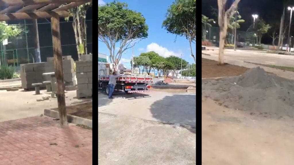 Imagens do canteiro de obras na praça central de Colina de Laranjeiras