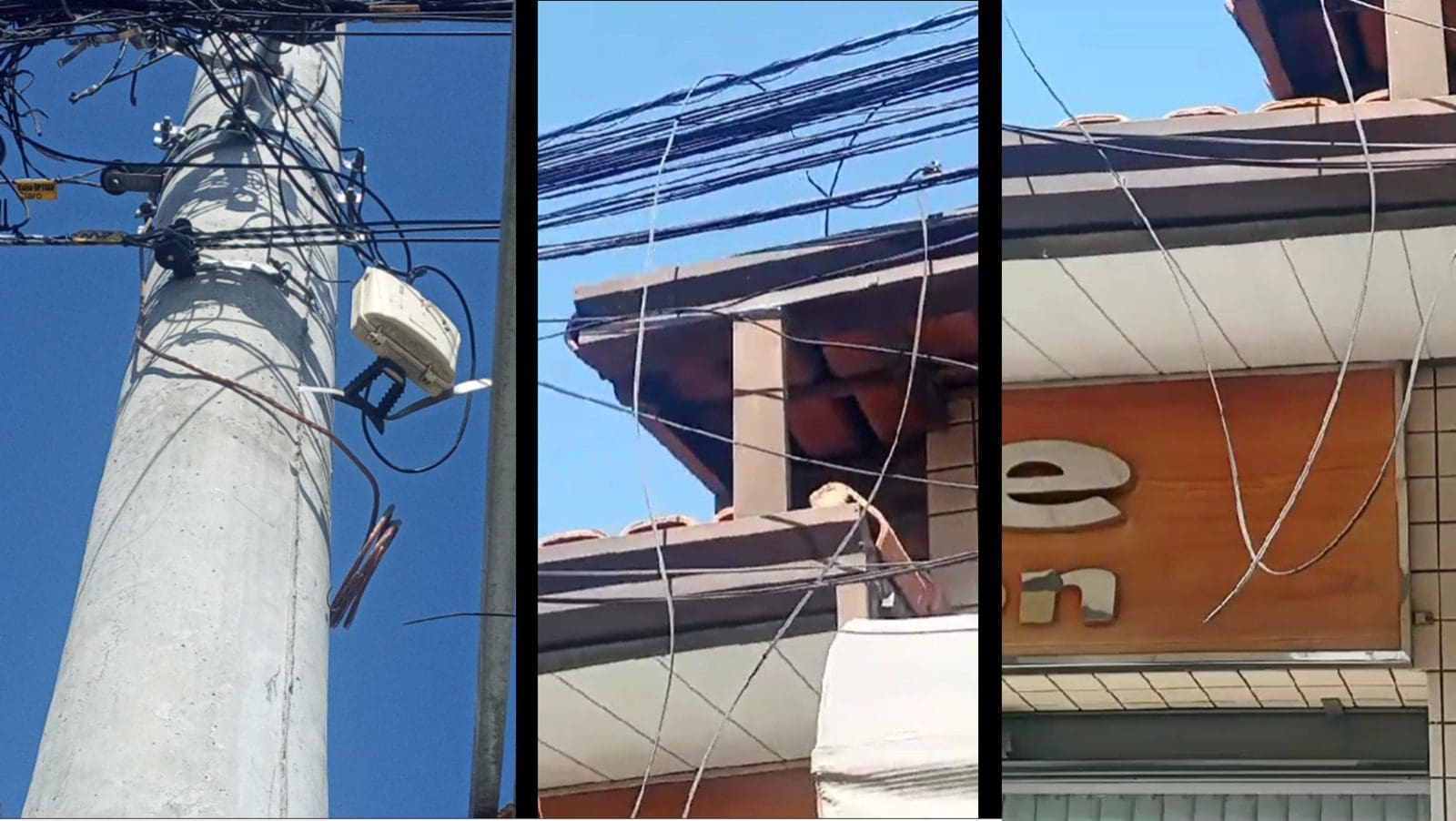Colagem de fotos mostrando fios soltos e rompidos no bairro de Eurico Sales