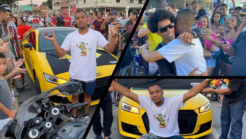 Montagem de imagens do morador recebendo os prêmios