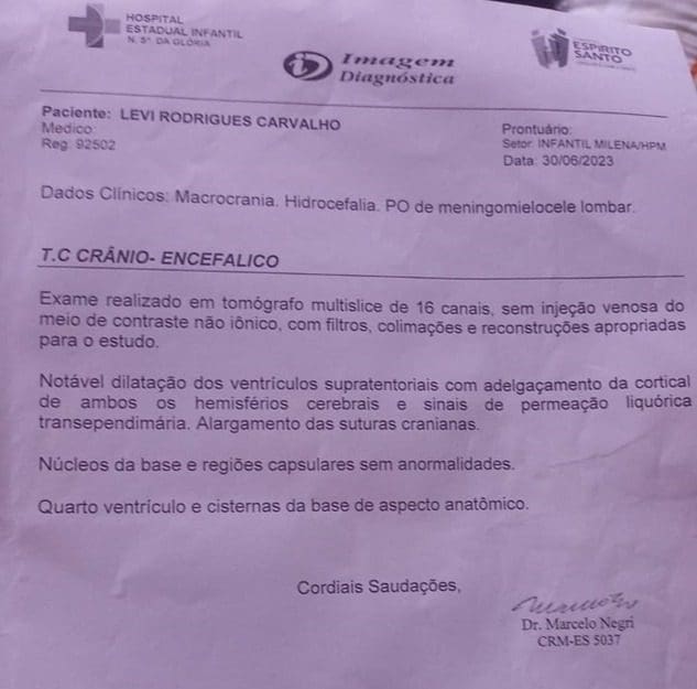 Laudo médico do Hospital Estadual Infantil