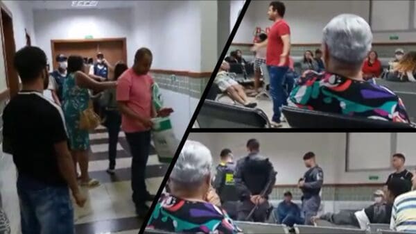 Montagem com imagens de discussões e brigas na UPA de Castelândia