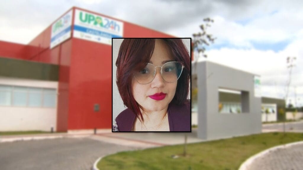 Foto de Sara em primeiro plano com a UPA de Carapina ao fundo