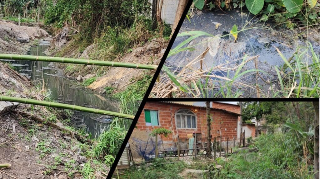 Colagem de imagens mostrando um córrego a céu aberto na Serra