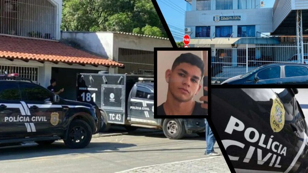 Arte com 3 imagens na primeira à frente de uma residencia com viaturas da Polícia Civil, em frente a uma casa, na segunda imagem a entrada da sede da DHPP da Serra, na terceira imagem uma viatura da Polícia Civil, com o foco na porta onde há a marca da Policia Civil, e no centro a foto do rosto da vitima de homicidio do caso, um jovem de 18 anos.