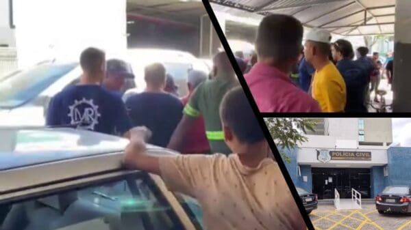 Populares reunidos em volta de um homem acusado de furto, e em outra foto a entrada da sede da 3ª Delegacia Regional da Serra.