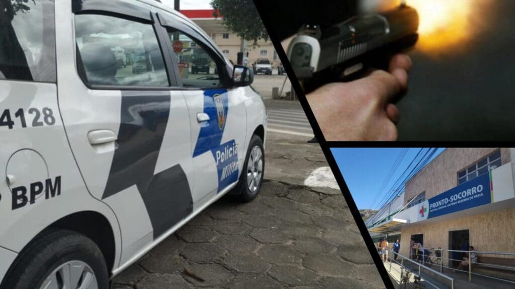 Arte com 3 imagens, na primeira uma viatura da PM, na segunda imagem um homem segurando um revolver, e na terceira imagem a entrada de um hospital de Vila Velha