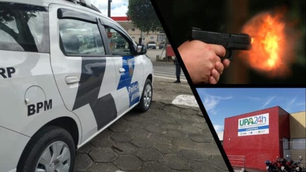 Arte com 3 imagens, na primeira imagem uma viatura da Policia Militar estacionada, um homem segurando uma arma, e na terceira imagem a entrada da Upa de Carapina.