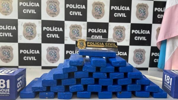 Polícia Civil prende 30 kg de maconha sobre uma mesa empilhados.