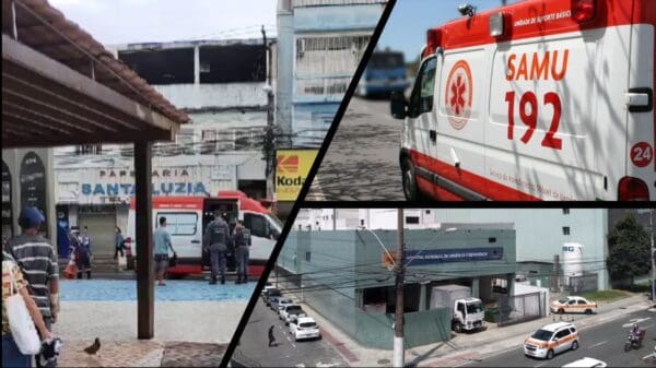 Arte com três imagens, na primeira imagem uma equipe do SAMU, socorrendo uma pessoa em situação de rua, na segunda imagem de uma ambulância do SAMU, e na terceira imagem a vista panorâmica do Hospital de emergência de Vitória