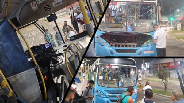 Acidente com ônibus Transcol assusta passageiros e deixa frente de veículo destruído em Serra