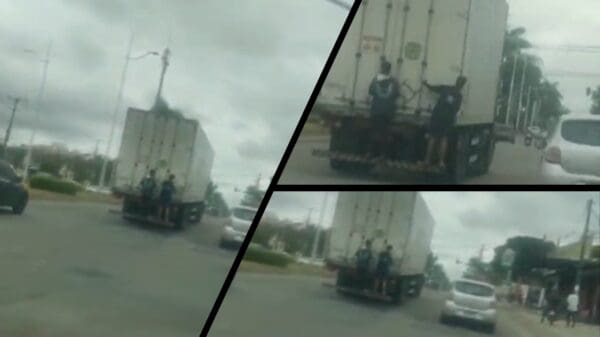 Vídeo: Jovens são flagrados pegando "ponga" em caminhão em plena avenida na Serra