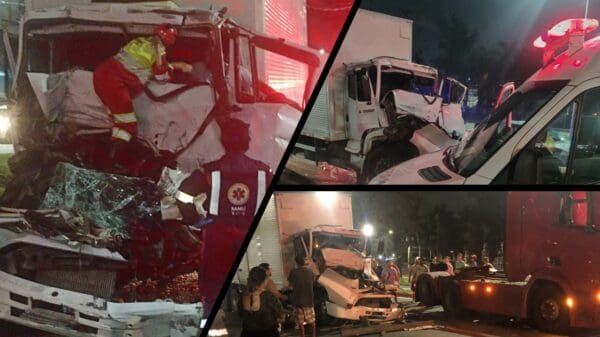 Acidente entre caminhões na Serra deixa um motorista ferido entre as ferragens na BR-101