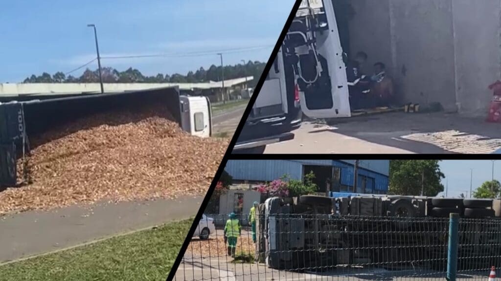 Caminhão tomba e espalha carga em frente a terminal de Jacaraípe