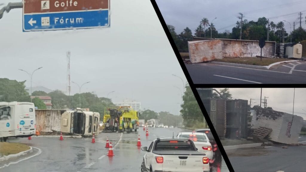 Carreta que transportava bloco de granito tomba na Serra.