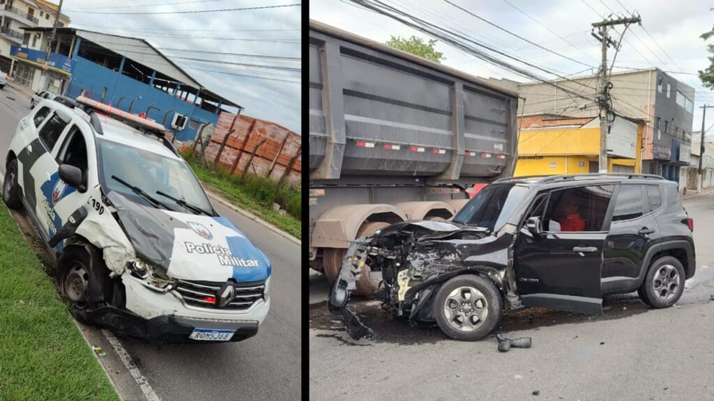 Viatura da Polícia Militar é atingida durante ocorrência na Serra.