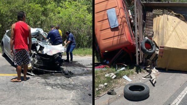Acidente entre carro e caminhão na ES-010 termina com vítima presa às ferragens na Serra.