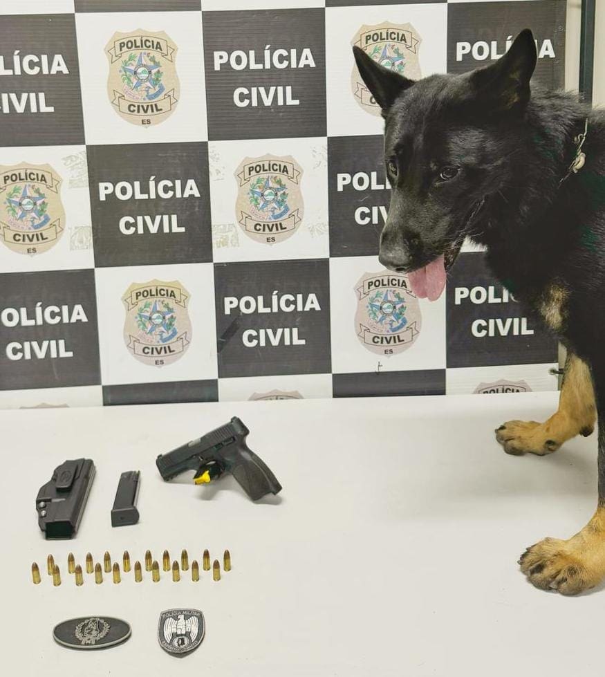 Sobre uma mesa uma pistola 9mm, 20 munições, dois carregadores, além de emblemas das corporações BAC e Polícia Militar, e ao lado um cão de faro posando para a foto.