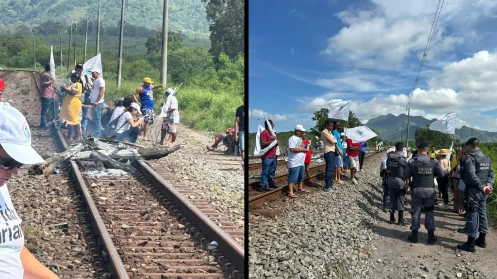 Vítimas do desastre de Mariana bloqueiam trilho de trem em protesto contra a Vale na Serra