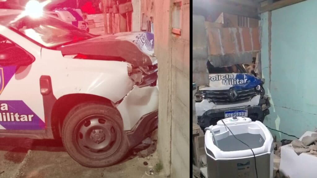 Vídeo: viatura da Polícia Militar acaba destruída após invadir casa na Serra Perseguição termina com viatura da Polícia Militar batida em muro na Serra.