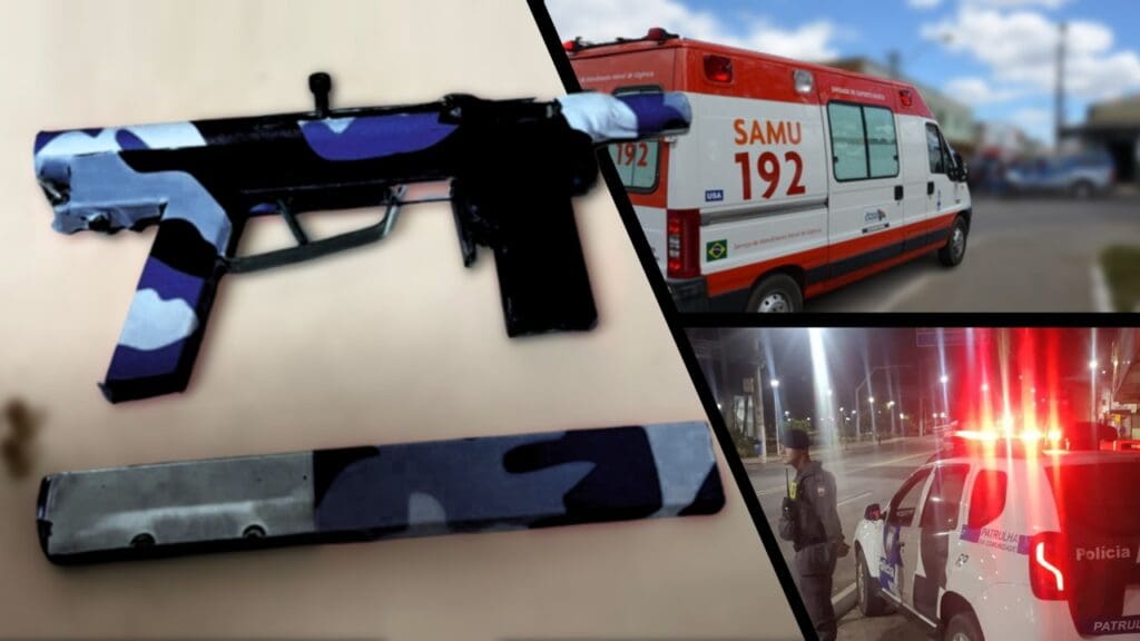 Arte com 3 imagens na primeira uma submetralhadora caseira sobre uma mesa, na segunda imagem uma ambulância do SAMU em uma avenida e na terceira imagem uma viatura da Policia Militar estacionada em uma avenida com um policial militar parado ao lado do veículo.