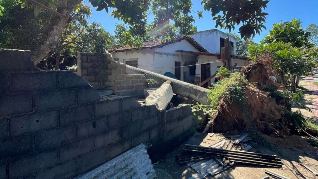 Tempestade deixa 20 famílias desalojadas e necessitando de doações em Nova Almeida Casa de morador de Nova Almeida atingida por uma árvore.