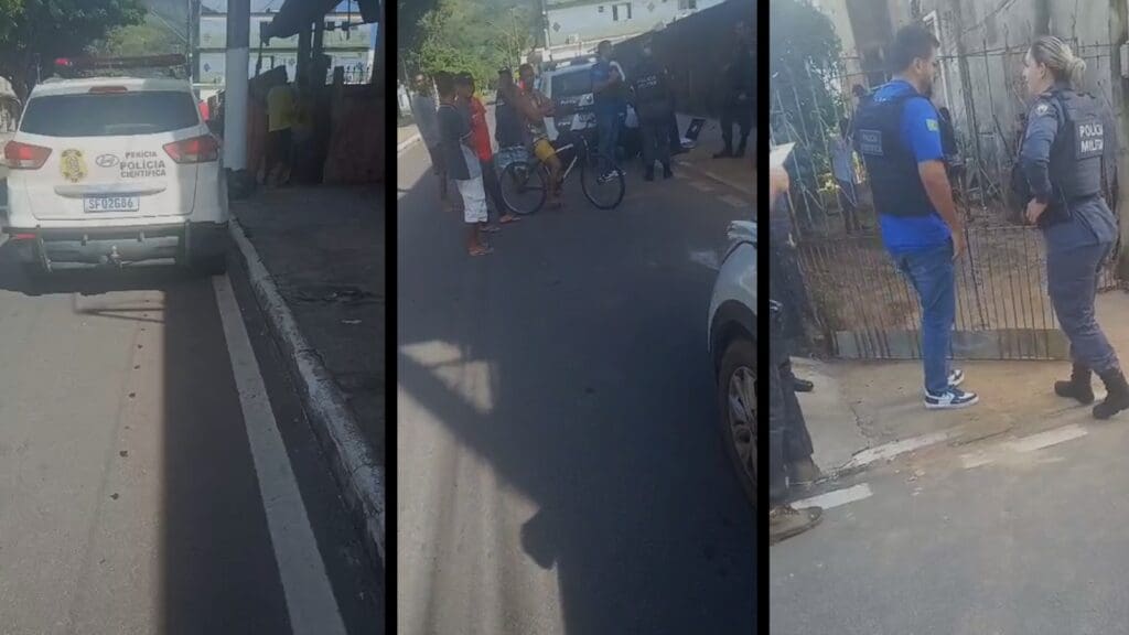 Curiosos acompanham os trabalhos das polícias na Av. Salvador, no bairro Mestre Álvaro, na Serra.