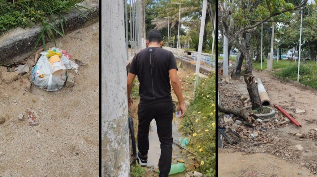 Condições de praça em reforma preocupa moradores e comerciantes do bairro Barcelona Situação de lixo e abandono na praça de Barcelona preocupa moradores e comerciantes do bairro