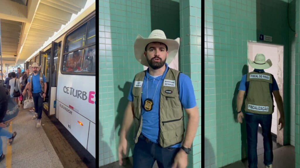 Deputado Pablo Muribeca na entrada de banheiro público em terminal de Laranjeiras.