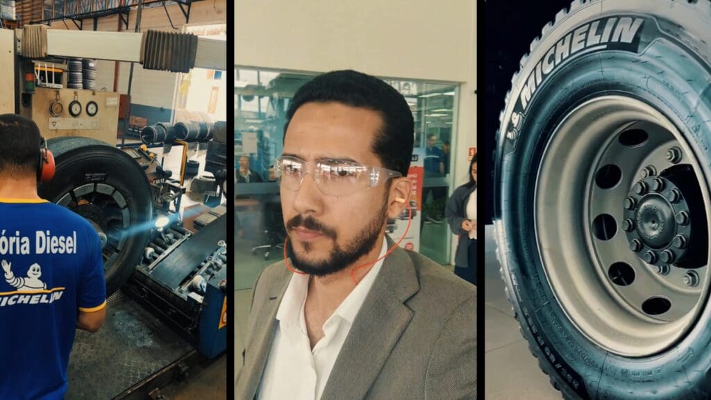 Imagem interna da unidade de recapagem da Vitória Diesel Pneus, com foco nos processos industriais e esteiras de inspeção de pneus. Se possível, incluir profissionais em ação