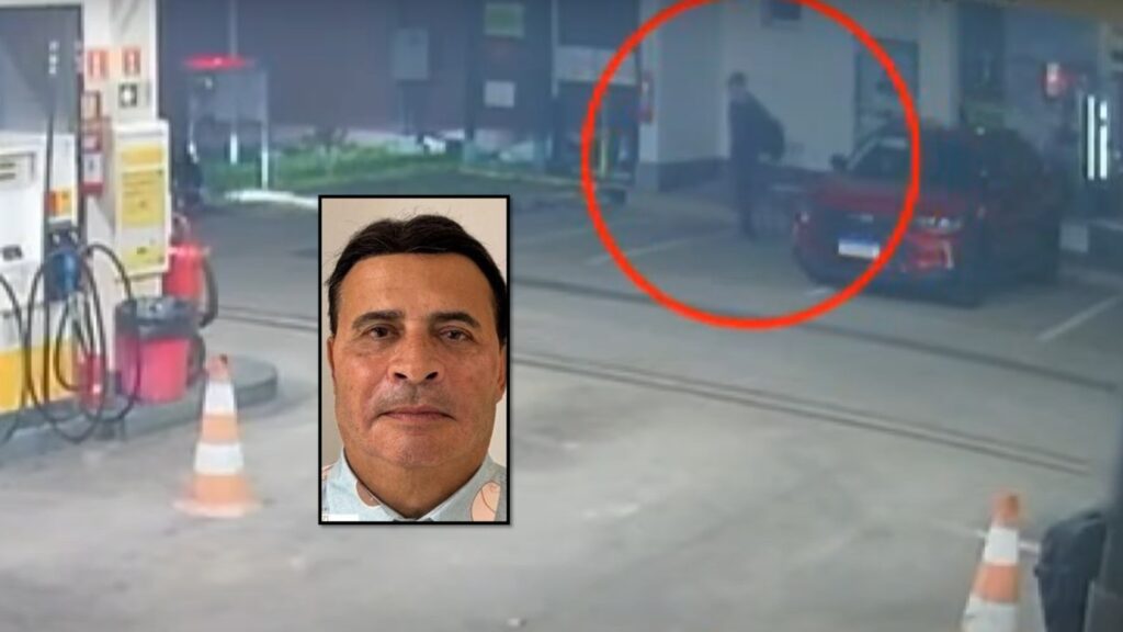 Câmeras de segurança do posto de combustíveis flagraram suspeito saindo do carro de empresário morto em Vitória.