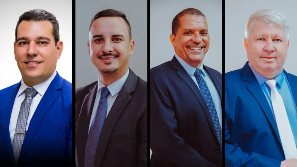 Da esquerda para a direita, os vereadores: Saulinho da Academia (PDT); o presidente da Câmara Municipal, Teilton Valim (PDT); Cleber Lima Pereira (MDB); e Wellington Alemão (Rede).