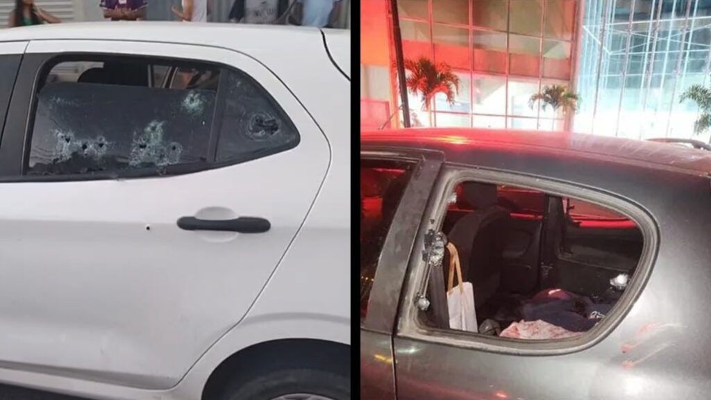 Carro branco utilizado pelos atiradores e carro cinza onde estava a família da menina de 6 anos baleada na cabeça, em Balneário de Carapebus, na Serra.