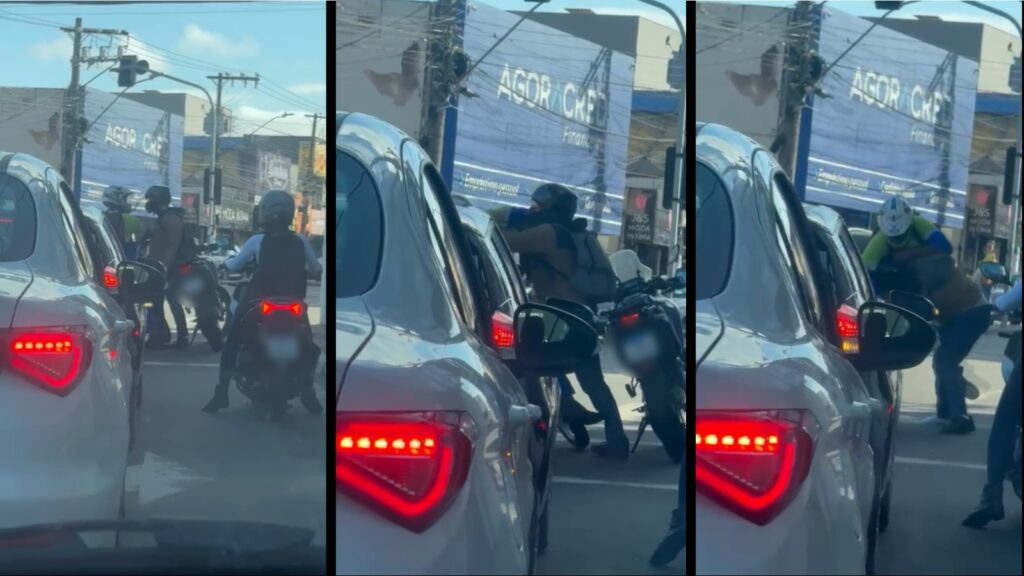 Vídeo: motociclistas brigam durante treta de trânsito em Laranjeiras Vídeo registra treta entre motociclistas no trânsito. Confusão ocorreu em cruzamento da Norte-Sul com Av. Central de Laranjeiras, na Serra