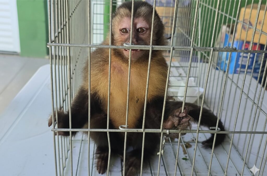 Um macaco-prego preso em uma gaiola sobre uma mesa.