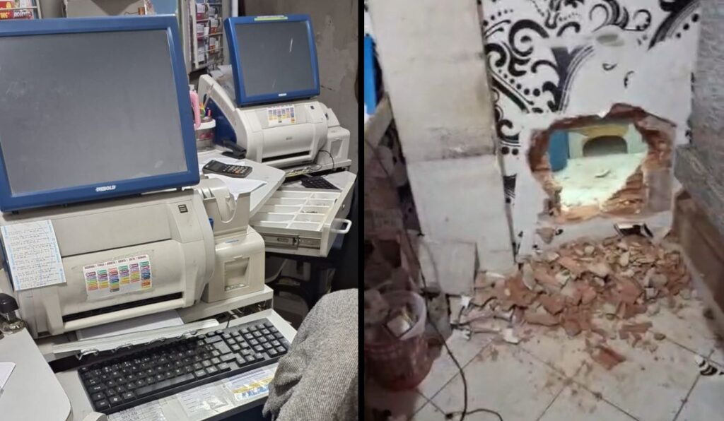 Buraco feito durante arrombamento em lotérica em Praia Grande, Fundão.