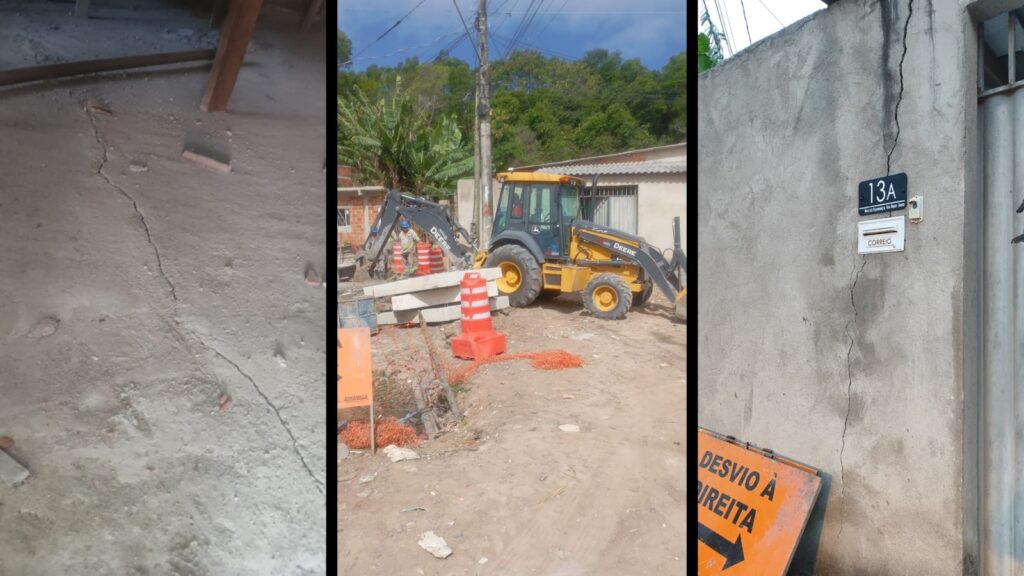 Morador da Serra mostra rachaduras em casa após obra da CESAN Morador denuncia danos estruturais em casa após obra de esgoto da Cesan em Feu Rosa