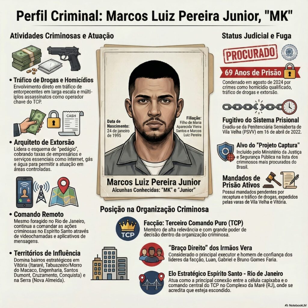 Arte com informações e figuras do perfil criminal de um homem.
