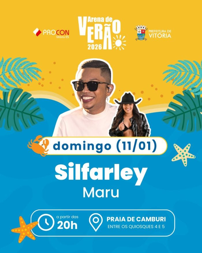 Arte com artistas que se apresentaram na Arena Verão 2026 em Vitória.