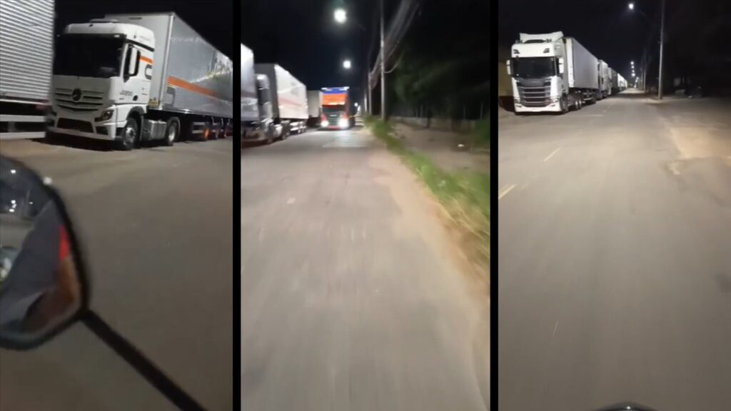 Veículos pesados continuam prejudicando o trânsito em via da Serra e condutores temem acidentes Caminhões estacionados de forma irregular ocupam quase uma faixa inteira da via - (Reprodução: Leitor SN)